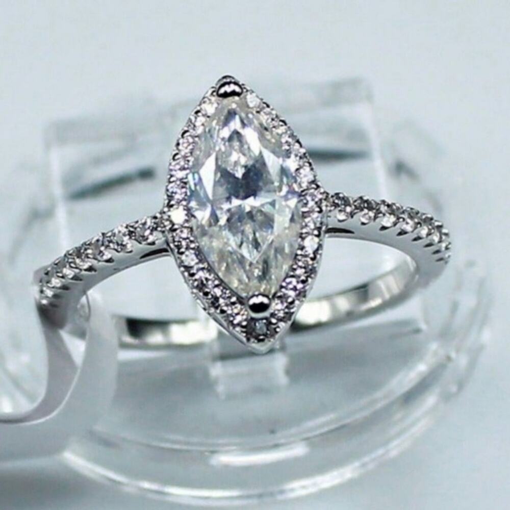 Moissanite Engagement Ring Marquise Cut Halo Pave CZ Sterling Silver 8 NWT